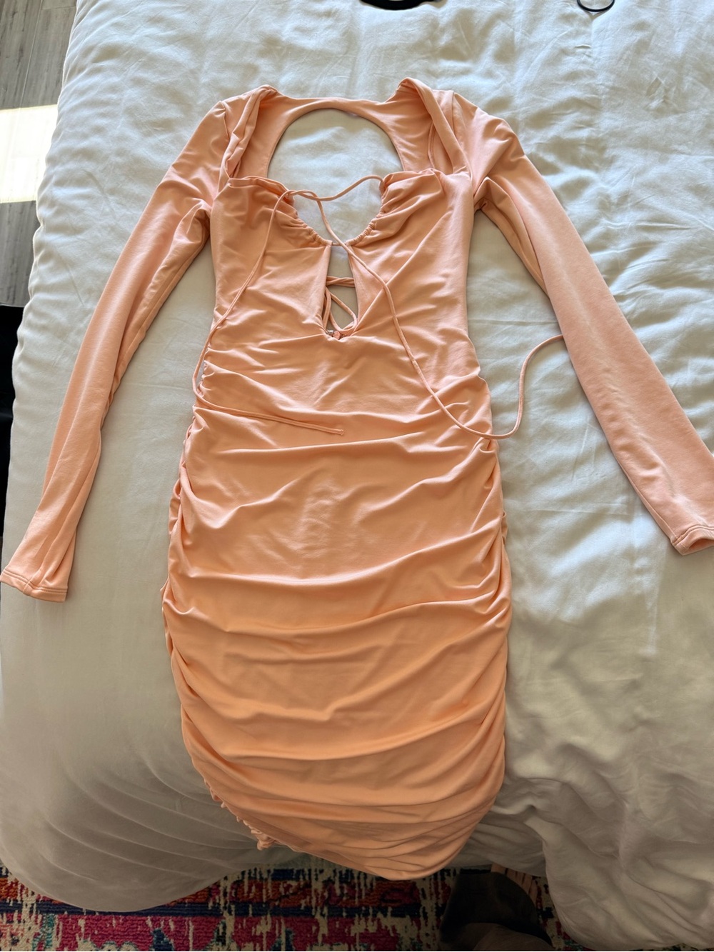 Oh Polly Peach Long Sleeve Ruched Bodycon Dress Size 6
